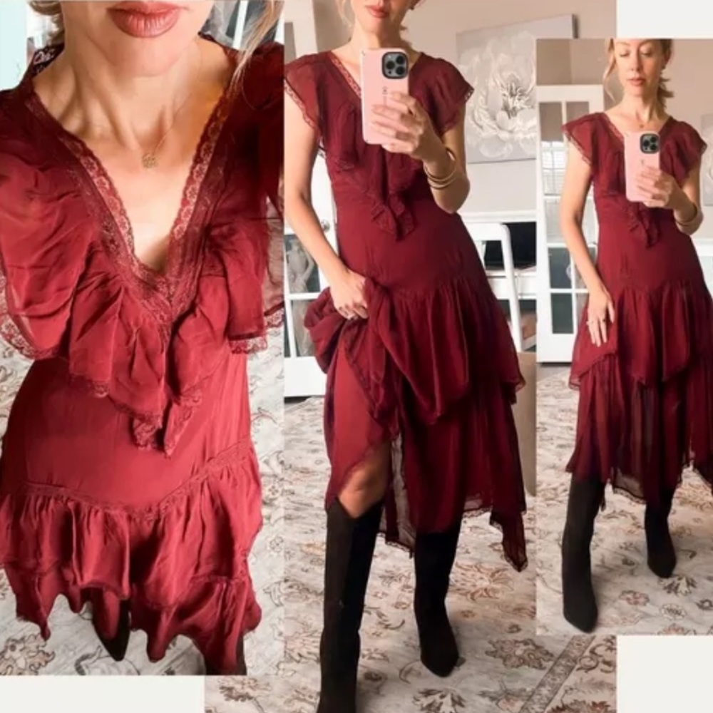 NWT Anthropologie Burgundy Peasant Layered Midi Dress